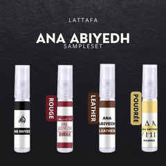 Vier geurmonsters uit de Lattafa Ana Abiyedh sampleset in cadeaudoosje