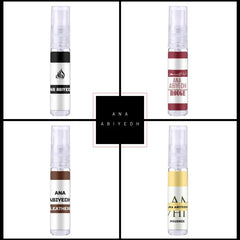 Vier parfumflessen in een raster met zwart logo, Ana Abiyedh Sampleset 2ML