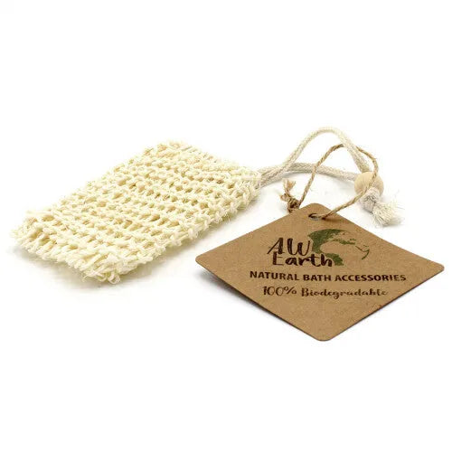 Natuurlijke sisal zeepzak met kraftpapier label van Ancient Wisdom Nature