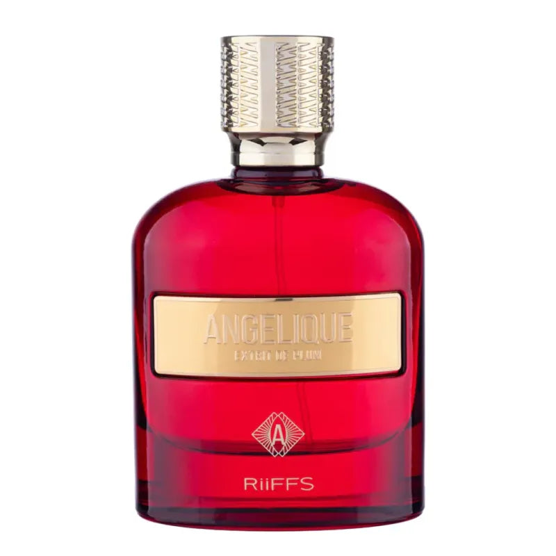 Red glas parfumfles met goud label en dop voor Angelique Extract de Plum
