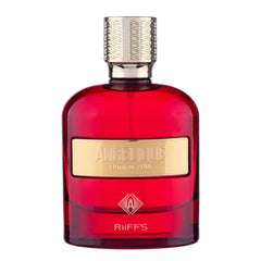Red glas parfumfles met goud label en dop voor Angelique Extract de Plum
