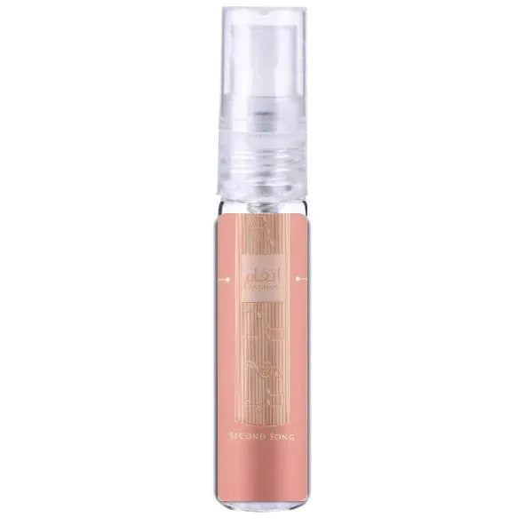 Een strakke, transparante sprayfles met een roségouden metalen label en een doorzichtige dop, ang ham second song product