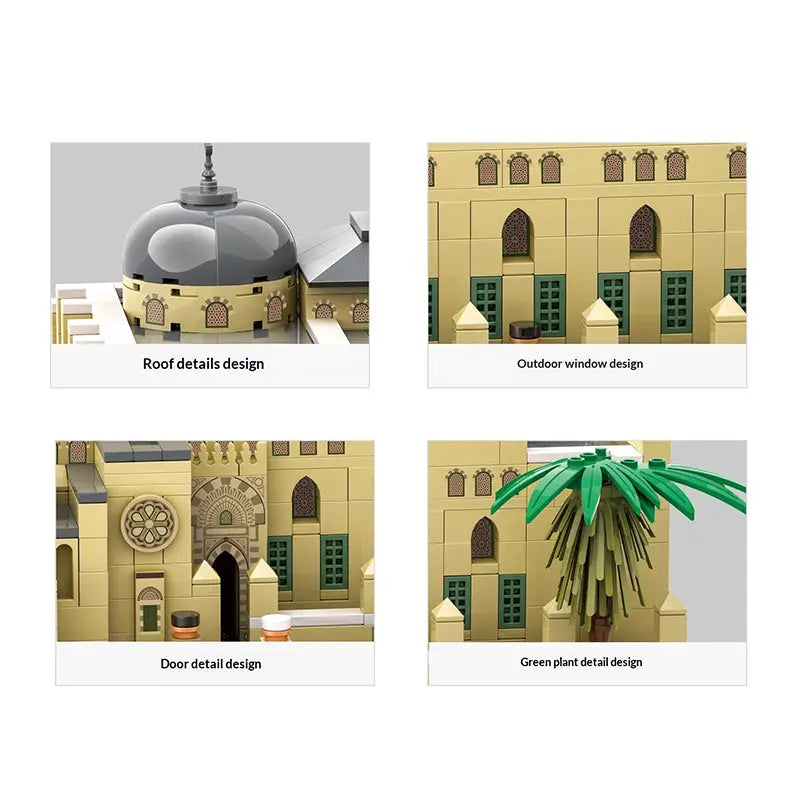 Beige en groene lego-stijl bouwsteenset van de Al-Aqsa Moskee met koepel, bogen en palmbomen, 768 stukjes