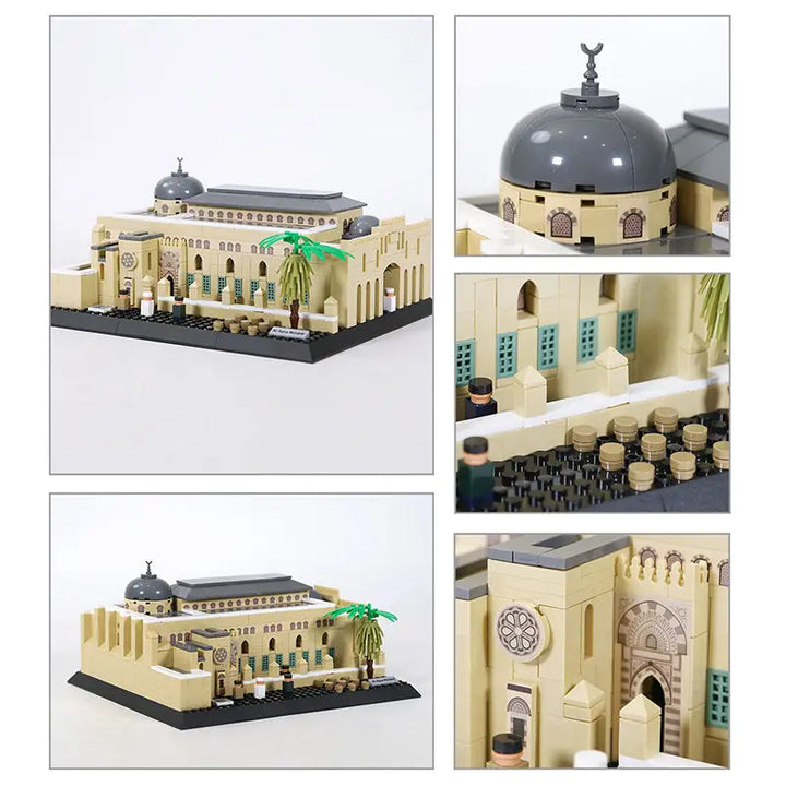 Beige en grijs lego model van de al-aqsa moskee met koepels, bogen en palmbomen bouwsteenset 768 stukjes
