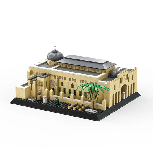 Beige en grijze lego bouwset van al-azhar moskee met gedetailleerde architectuur, palmboom en miniatuurfiguren