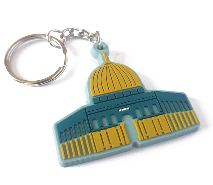 Teal en gouden rubberen sleutelhanger in de vorm van de koepel van de rots al aqsa moskee sleutelhanger