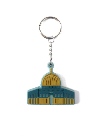 Al aqsa moskee sleutelhanger met teal en gouden koepelvorm en gedetailleerde replica van de rotskoepel