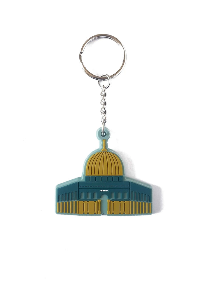 Al aqsa moskee sleutelhanger met teal en gouden koepelvorm en gedetailleerde replica van de rotskoepel