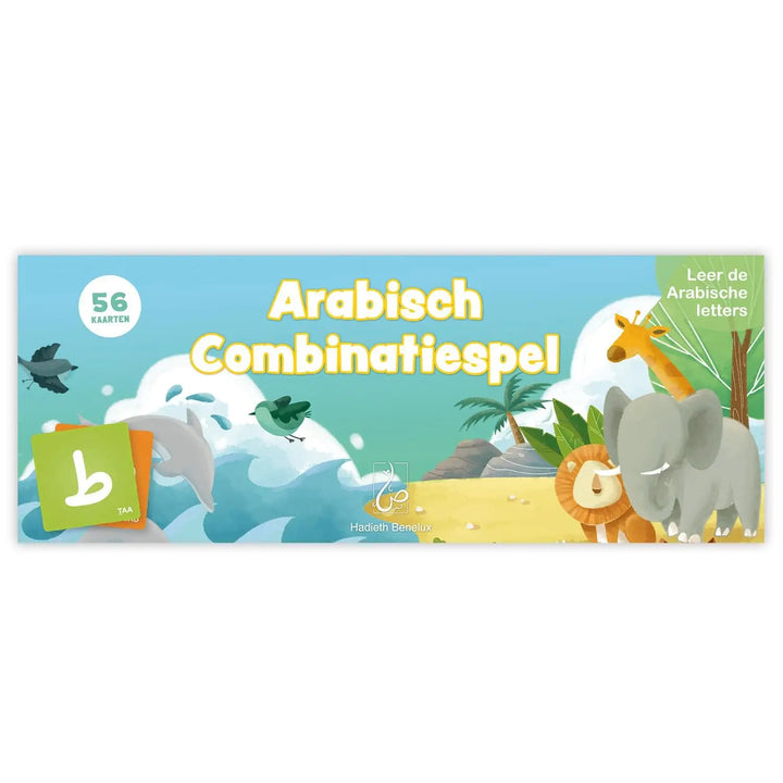Felgekleurde doos voor het arabisch combinatiespel met cartoon dieren en arabische letters educatief kaartspel