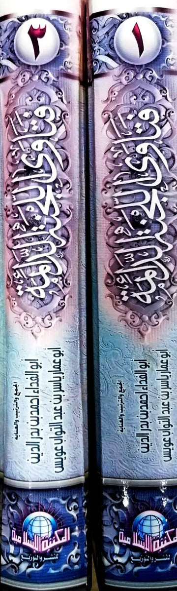 Twee ornamentele arabische boeken in paars en zilver met kalligrafie op een lichtblauwe achtergrond arabische boekenset 2 vol