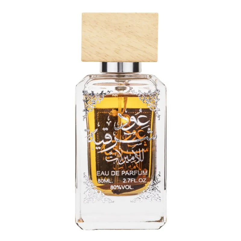 80ml Ard al Zaafaran Oud Sharqia parfumfles met gouden dop en Arabische kalligrafie