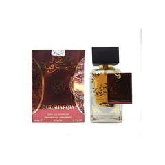 Bruine en gouden Ard al Zaafaran Oud Sharqia parfum spray fles, 80ml met zwarte dop