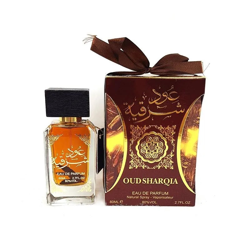 Oud Sharqia parfum spray in bruine doos met lint van Ard Al Zaafaran