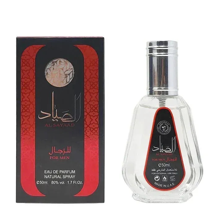 Arabisch parfumflesje met zwart en rood verpakkingen van Zaafaran Parfum Al Sayaad