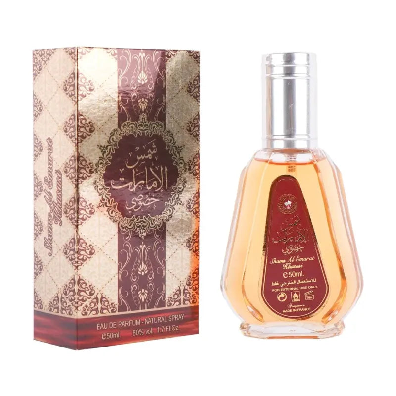 Decoratieve parfumfles met Arabische tekst van Zaafaran Parfum Shams al Emarat