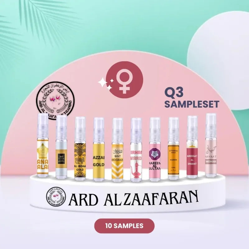 Set van 10 parfummonsters op een gebogen standaard van Ard Al Zaafaran dames sample set