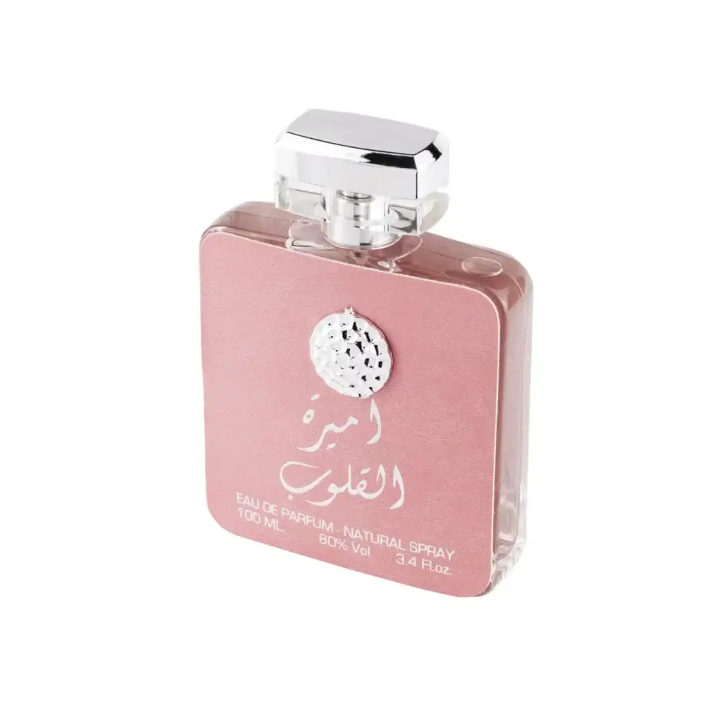 Roze rechthoekige parfumfles ard al zaafaran ameerat al quloob met zilveren dop en decoratieve cirkel