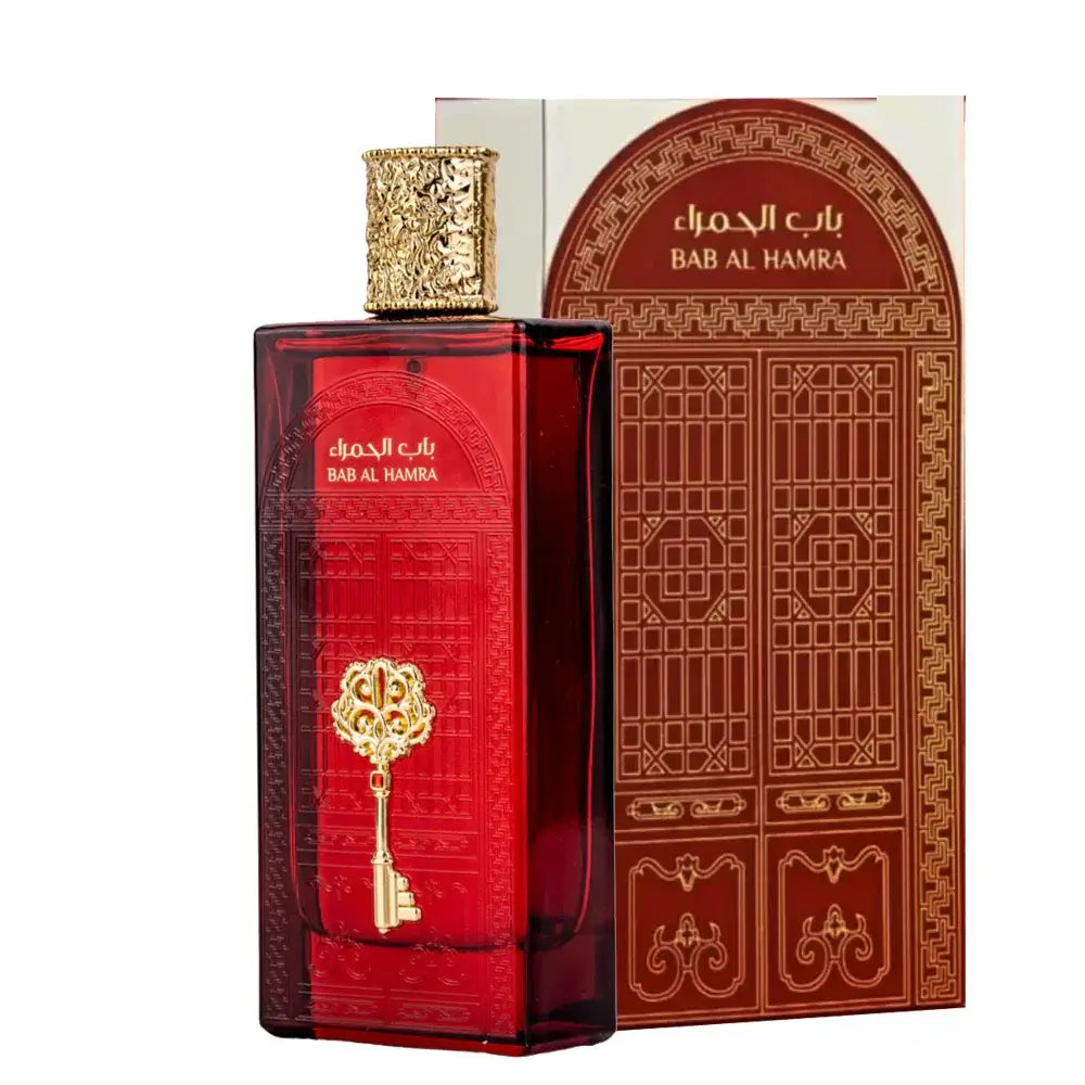 Rood rechthoekig glazen parfumflesje bab al hamra van ard al zaafaran met gouden reliëf sleutel en sierlijke gouden dop