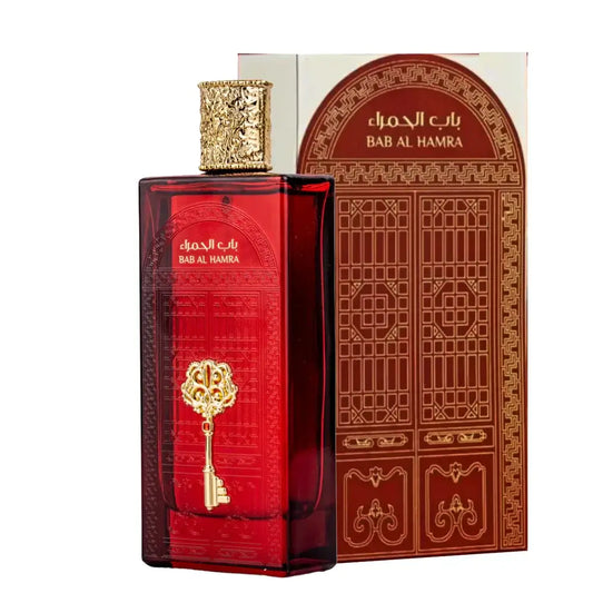 Rood rechthoekig glazen parfumflesje bab al hamra van ard al zaafaran met gouden reliëf sleutel en sierlijke gouden dop