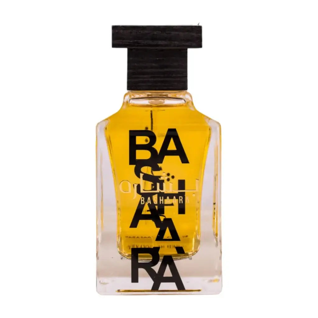 Ard al Zaafaran Bashaara transparante glazen fles met zwart houten dop en amberkleurige basra geurige vloeistof
