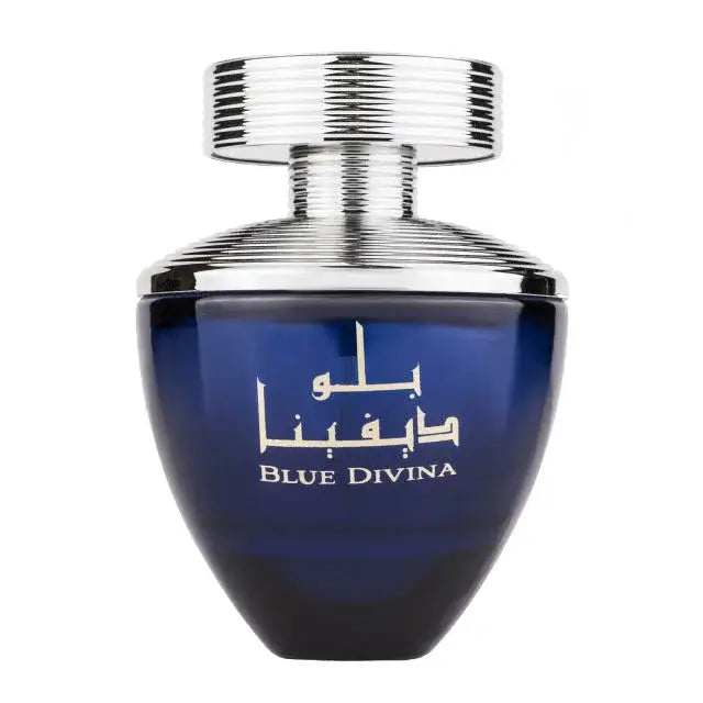 Diepblauwe glazen parfumfles arda al zaafaran blue divina met zilveren metalen dop en elegante witte tekst