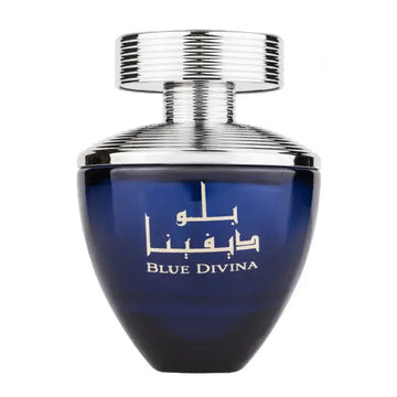 Diepblauwe glazen parfumfles arda al zaafaran blue divina met zilveren metalen dop en elegante witte tekst