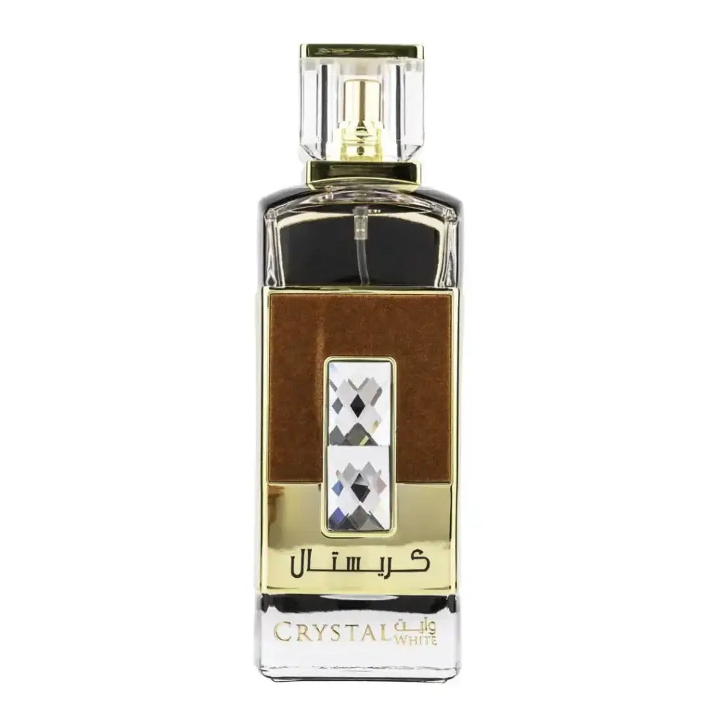 Elegante rechthoekige glazen parfumfles ard al zaafaran crystal white met gouden dop en bruine lederen paneel met kristallen