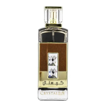 Elegante rechthoekige glazen parfumfles ard al zaafaran crystal white met gouden dop en bruine lederen paneel met kristallen