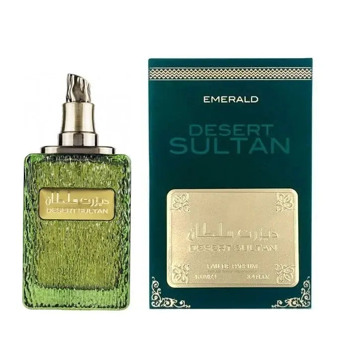 Ard al Zaafaran Desert Sultan Emerald geurflacon van smaragdgroen glas met zilveren dop en bijpassende donkergroene doos