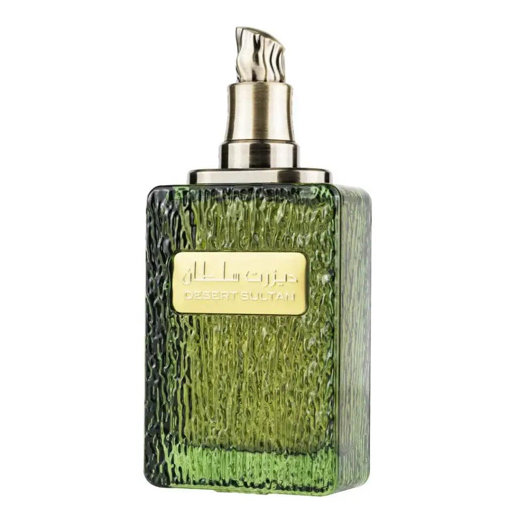 Ard al zaafaran desert sultan emerald groene textuur glazen parfumfles met zilveren pomp en gouden label desert sultan