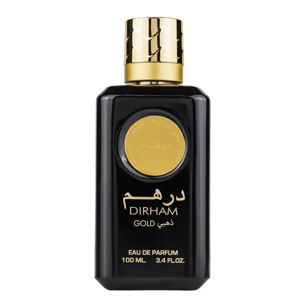 Zwarte rechthoekige Ard al Zaafaran Dirham Gold parfumfles met gouden dop en ronde gouden label met elegante tekst