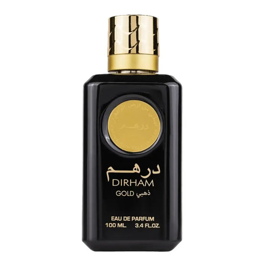 Zwarte rechthoekige Ard al Zaafaran Dirham Gold parfumfles met gouden dop en ronde gouden label met elegante tekst