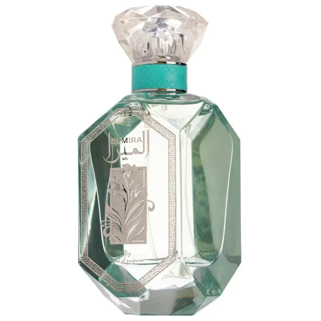 Een heldere geslepen glazen parfumfles ard al zaafaran elmira met een turquoise dop en een zilveren arabisch etiket