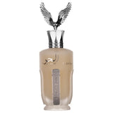 Een beige glazen Ard al Zaafaran al Hur So Wild parfumfles met zilveren adelaarvormige dop en metalen verticale branding