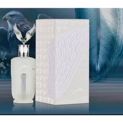 Elegante witte parfumfles ard al zaafaran al hur so wild met zilveren arendvormige dop en arabische schrijfkunst