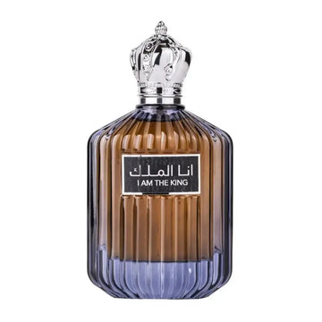 Luxueuze amber en paarse glazen parfumfles met zilveren kroon dop labeled i am the king van ard al zaafaran