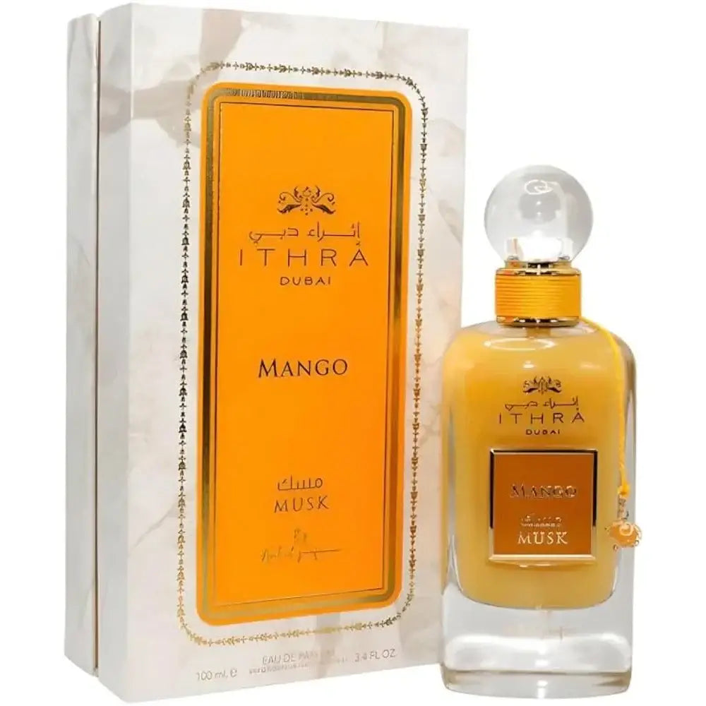 Een goudkleurige rechthoekige glazen parfumfles met een heldere bolvormige dop en gouden accenten van ard al zaafaran ithra dubai mango musk