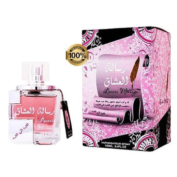 Roze parfumfles van ard al zaafaran lovers message met helder glas en zilveren dop gelabeld in arabische letters