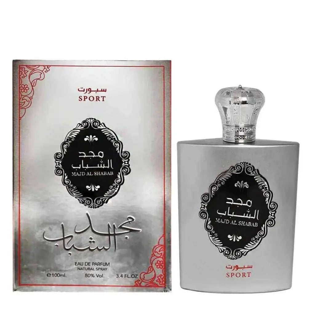 Zilver metalen fles van majd al shabab sport eau de parfum met kroonsluitdop en sierlijk zwart etiket van ard al zaafaran