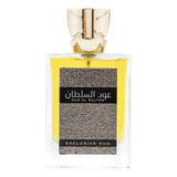 Een rechthoekige glazen fles ard al zaafaran oud sultan exclusive parfum met gouden dop en zwarte arabische label