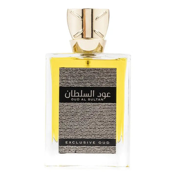 Een rechthoekige glazen fles ard al zaafaran oud sultan exclusive parfum met gouden dop en zwarte arabische label