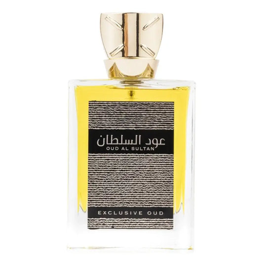 Een rechthoekige glazen fles ard al zaafaran oud sultan exclusive parfum met gouden dop en zwarte arabische label