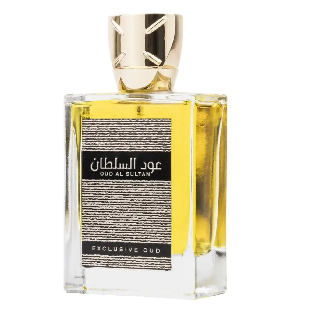 Een rechthoekige glazen fles ard al zaafaran oud sultan exclusive parfum met gouden dop en amberkleurige vloeistof