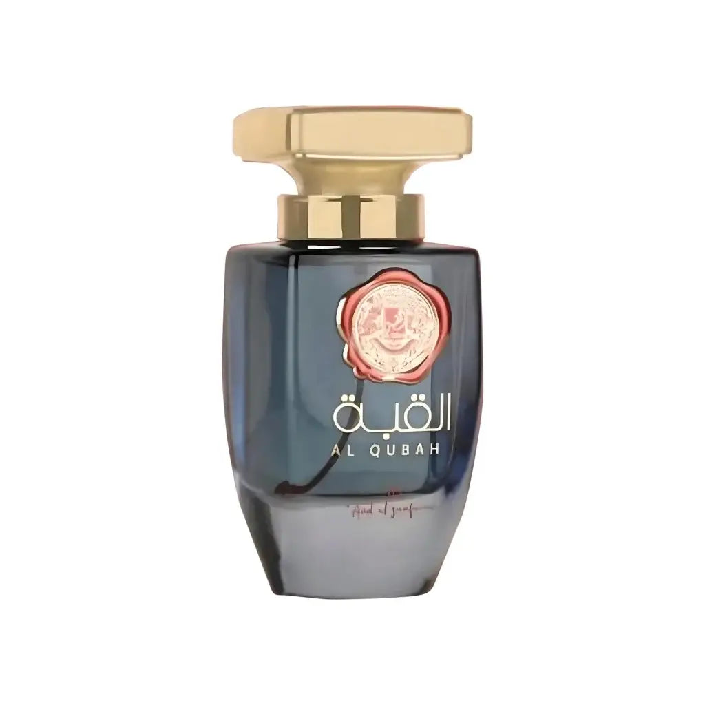 Een slanke donkeblauwe glazen parfumfles van Ard al Zaafaran al Qubah met een goudkleurige dop en een rode waszegel