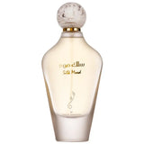 Een slanke doorzichtige glazen parfumfles met een ronde gouden accenten dop en arabische tekst van ard al zaafaran silk mood