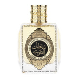 Een luxueuze goudaccent parfumfles met een doorzichtige glazen body en gegraveerd arabisch etiket van ard al zaafaran sultan al qaloob gold