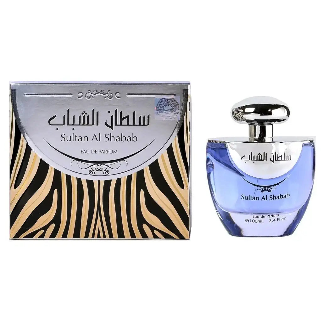 Ard al zaafaran sultan al shabab eau de parfum in een blauwe glazen fles met zilveren dop en label