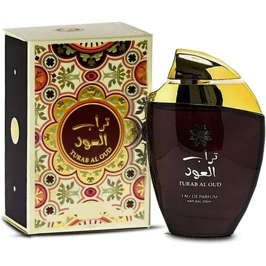 Donker amberkleurige glazen fles met goudkleurige dop en gegraveerd arabisch schrift met turab al oud geur van ard al zaafaran