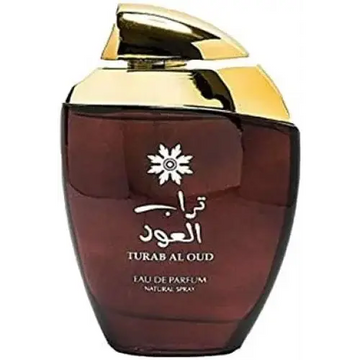 Een slanke donkere amberkleurige glazen fles met een gepolijste gouden dop en gegraveerd arabisch opschrift turab al oud van ard al zaafaran
