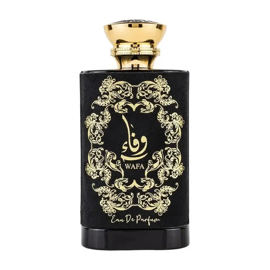 Zwart rechthoekig parfumflesje met goudkleurige ornamenten en dop labeled wafa eau de parfum van ard al zaafaran